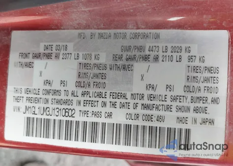 2018 Mazda Mazda6 Sport из США, поврежденный, VIN JM1GL1UM3J1310602